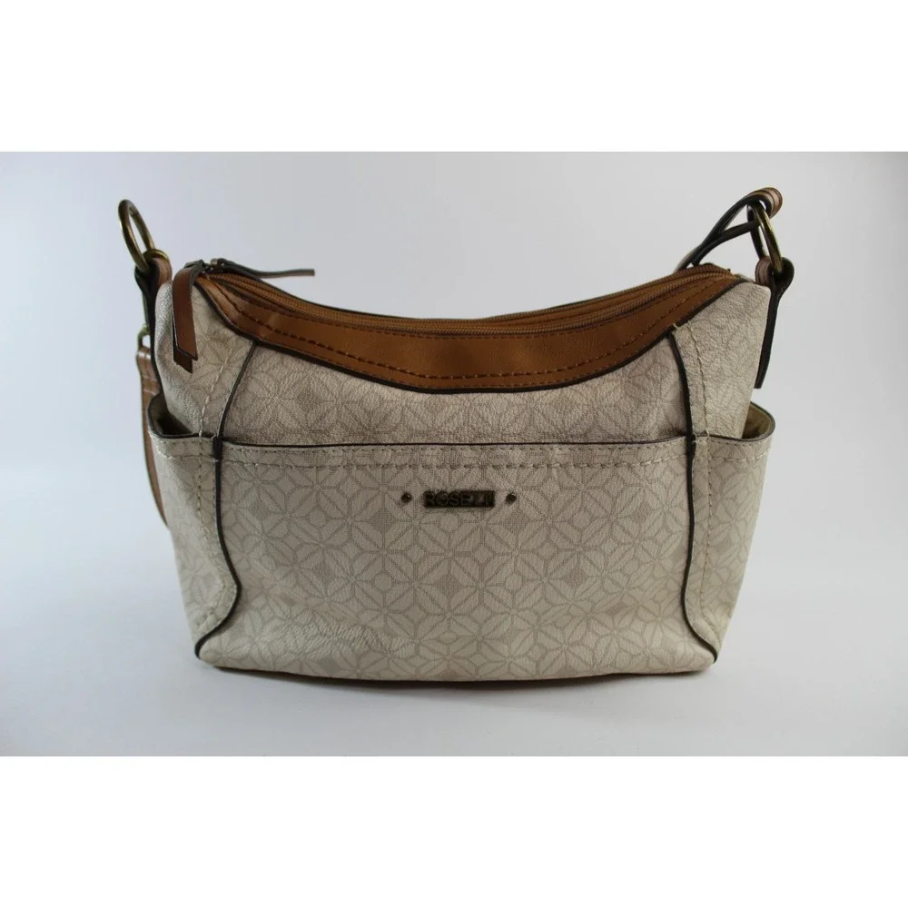 Rosetti Satchel Handbag Beige Geometric Print Brown Faux Leather Strap Pockets